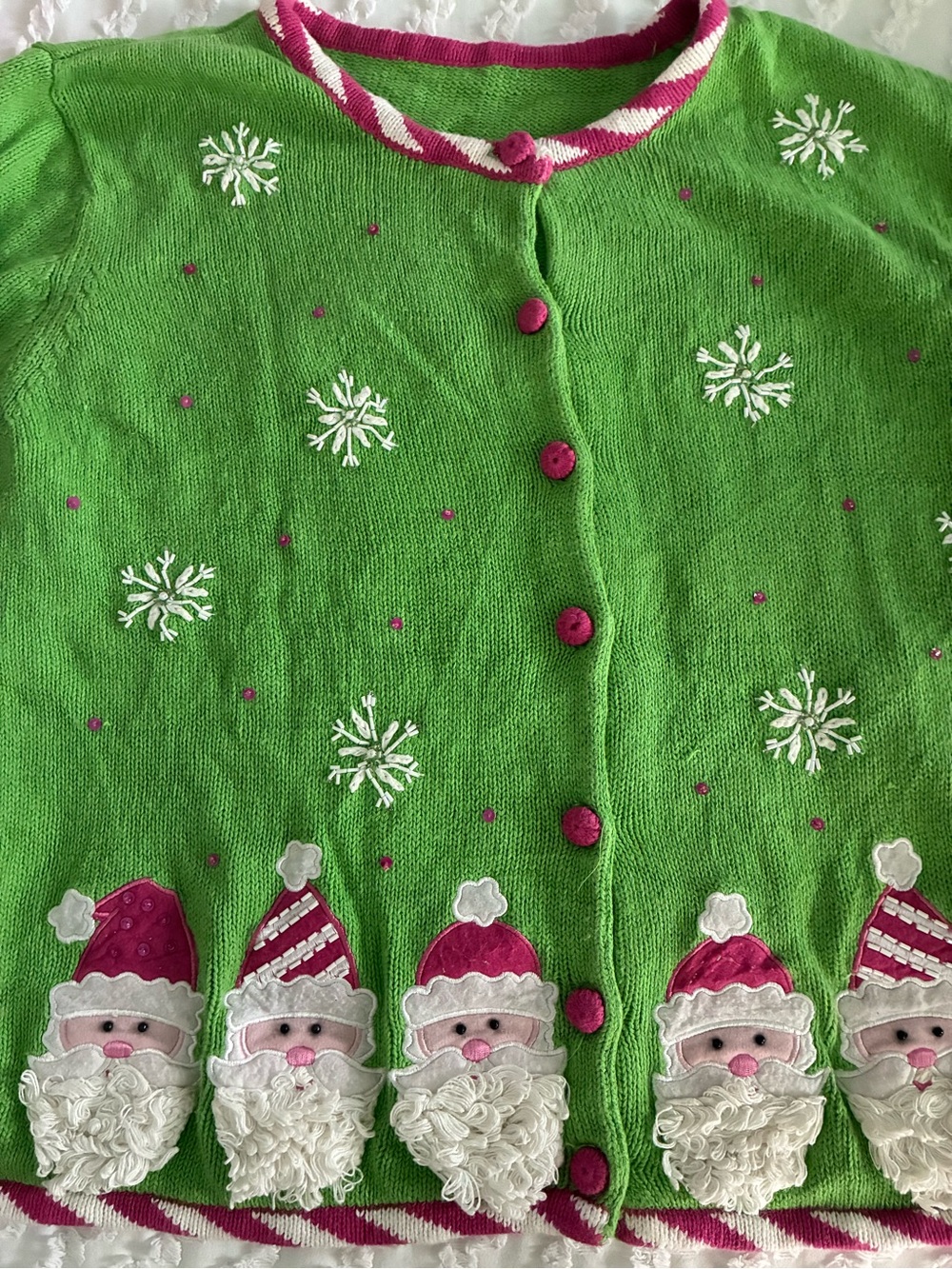 Ugly vintage Christmas sweater Green Holiday Santa Knit button down cardigan